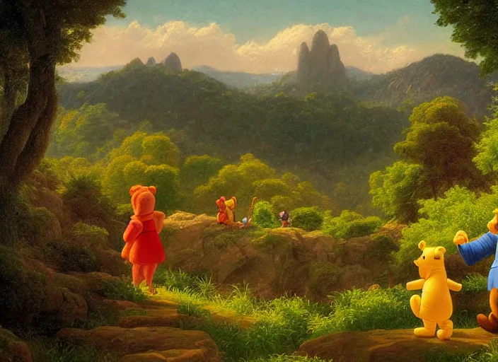 Prompt: american realist romanticism landscape painting of winnie the pooh characters at night, colorful paper lanterns, in the style of hudson river school and thomas cole and albert bierstadt and robert duncanson