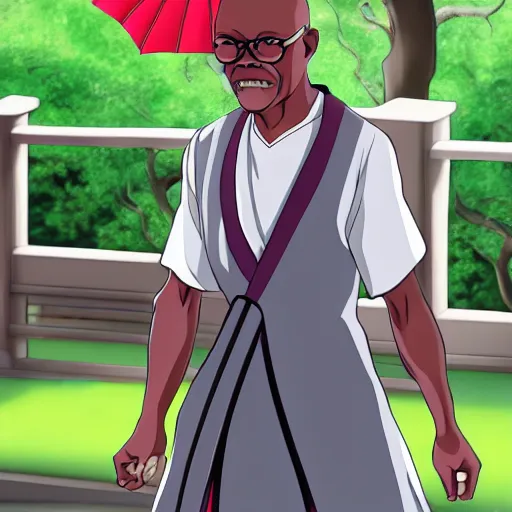 Image similar to samuel l jackson wearing a japanese maid dress, 4 k, anime style