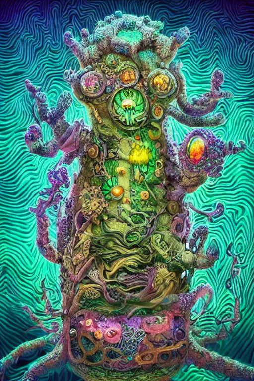 Image similar to creature sushi roots cactus elemental flush of force nature micro world fluo light deepdream a wild amazing steampunk baroque ancient alien creature, intricate detail, colorful digital painting radiating a glowing aura global illumination ray tracing