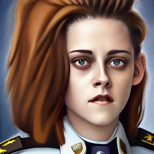 Image similar to Render of Kristen Stewart as Honor Harrington wearing an officer's uniform, cute 3d, long brown hair, brown eyes, soft smile, 4k oil on linen by wlop, artgerm, andrei riabovitchev, nuri iyem, james gurney, james jean, greg rutkowski, highly detailed, soft lighting 8k resolution, aboard a starship, medium shot, mid-shot, trending on Artstation, Unreal Engine 4k