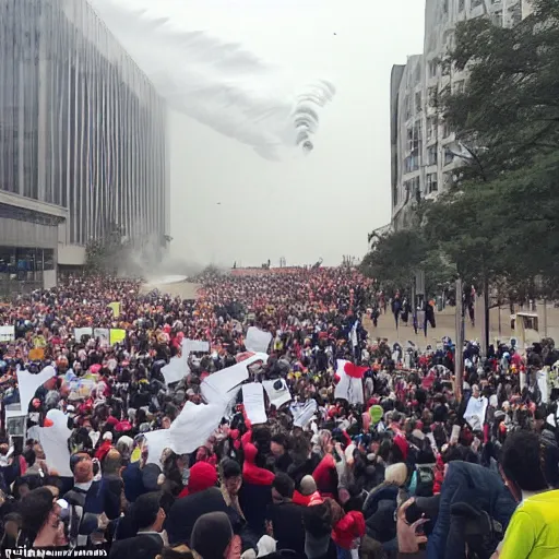 Prompt: tornado going into government building, papers flying around, people cheering for freedom