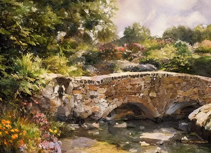 Image similar to watercolor of rustic stone bridge with mural, ivy, summer daylight, bright clear day, clouds, high detailed art by dennis miller bunker, work by anders zorn, wonderful masterpiece by greg rutkowski, beautiful cinematic light, american romanticism by greg manchess, creation by tyler edlin