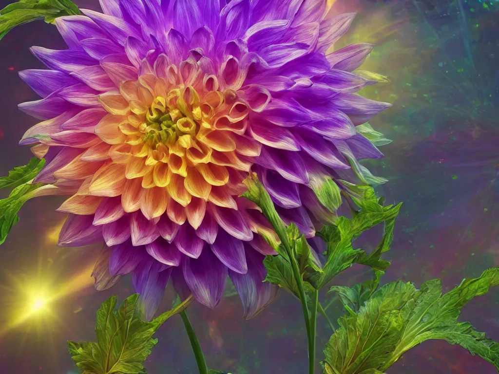 Prompt: 3d render of an iridescent dahlia, Sunlight Study, by Rachel Ruysch and (((((Lisa Frank))))), Art Nouveau, 8k, extreme detail, sharp focus, octane render