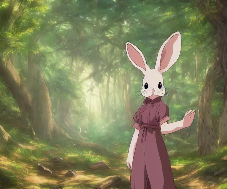 Image similar to rabbit in a forest, anime fantasy illustration by tomoyuki yamasaki, kyoto studio, madhouse, ufotable, comixwave films, trending on artstation