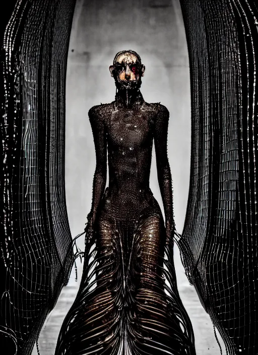 Image similar to walking down the catwalk, steven klein, show, stage, vogue photo, podium, fashion show photo, historical baroque dress, iris van herpen, beautiful woman, full body shot, masterpiece, intricate, wires, veins, jellyfishs, biopunk, guyver, highly detailed