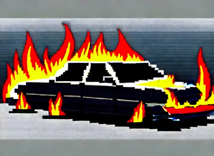 Image similar to burning wrecked mercedes 1 2 4, pixelart by kirokaze, award winning. dramatic. trending on artstation. very low quality, low resolution sync by honeybunny