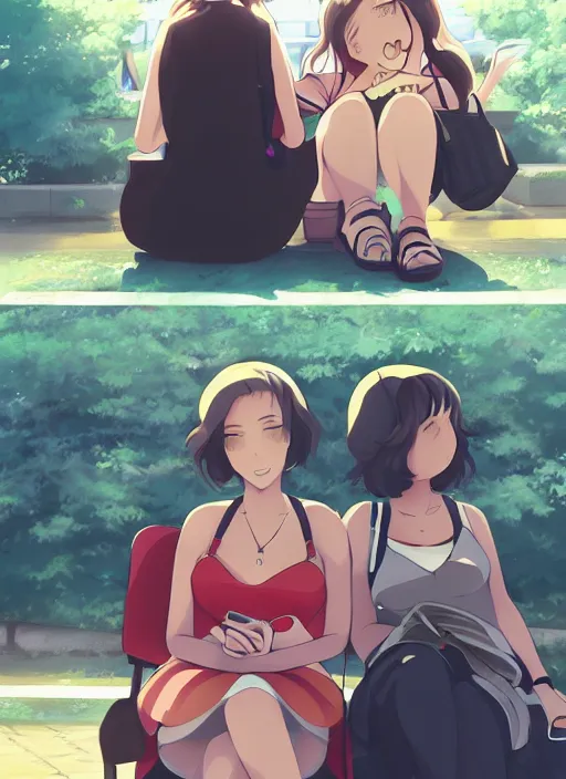 Prompt: two beautiful mothers waiting at a bus stop, summer clothes, gorgeous faces, thick lines, cinematic lighting, detailed anime art