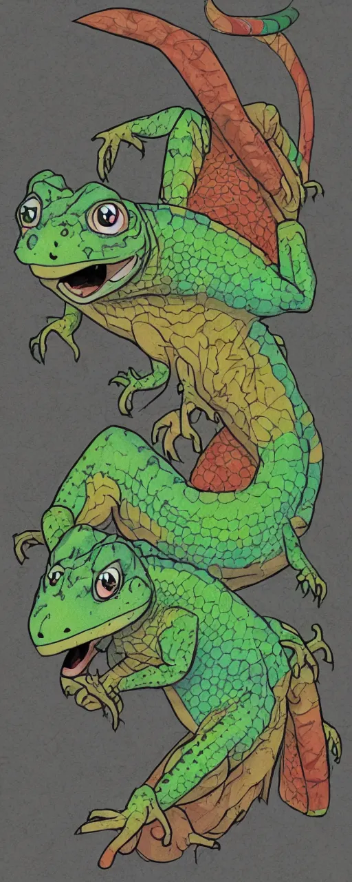 Image similar to happy lizard, anime, cartoon, pencil color