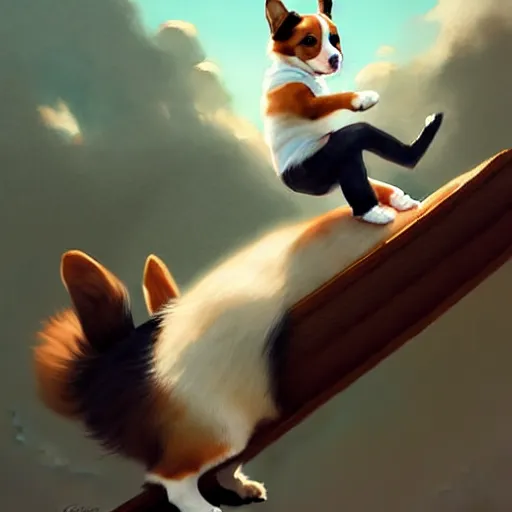 Image similar to tiny cat girl riding on the back of a giant corgi by greg rutkowski