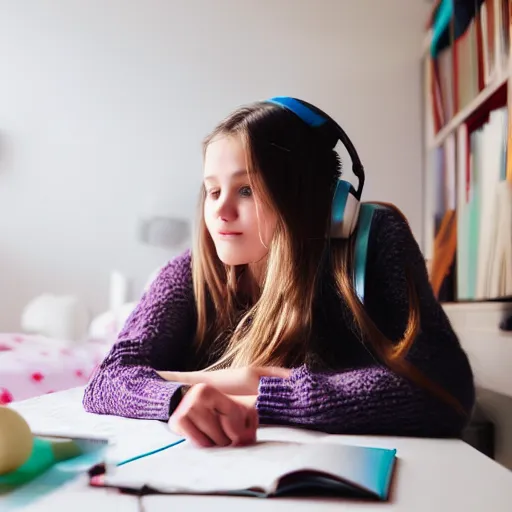 Prompt: Girl studying in her room while listening to music.