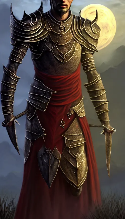 Image similar to hyperrealistic full body image of morrowind dunmer male nerevarine in front of balmora, red eyes, 3 / 4 portrait, symmetrical face, handsome face, full body dnd character portrait, medieval armor, morrowind armor, oblivion armor, skyrim armor, eso armor, intricate, highly detailed, elegant, 4 k, artstation, deviantart