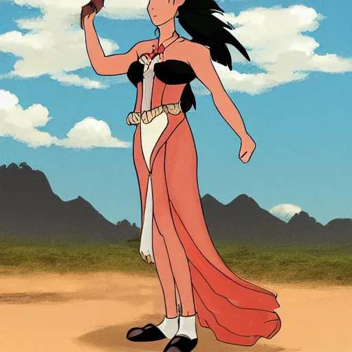 Prompt: an amazonian woman riding a horse in the desert while wearing a gown, in ghibli style