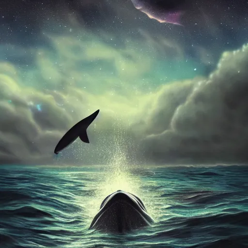 Image similar to portrait of whale swimming on a dark night sky, swimming across the universe, galaxies, oniric, dreamy, beautiful, highly detailed, realistic, cinematic, dynamic composition, trending on artstation