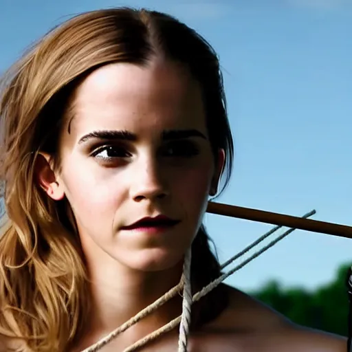 Image similar to emma watson, full body and face, head to toe showing in the photo, hands tied with a metal pole via rope, damsels in distress, 4 k, hyperrealistic