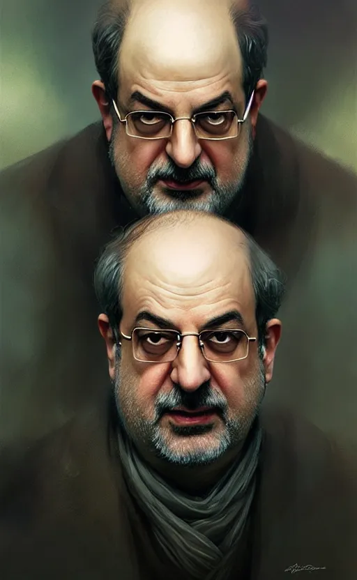 Image similar to portrait of salman rushdie, deep focus, d & d, fantasy, intricate, elegant, highly detailed, digital painting, artstation, concept art, matte, sharp focus, illustration, art by artgerm and greg rutkowski and alphonse mucha