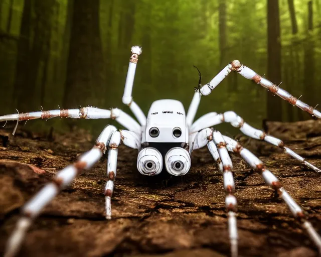 Image similar to photo of a white terminator spider with biomechanical cybernetic body with antennas and visor cogs and gears and components in the forest. cyberpunk horror style. highly detailed 8 k. intricate. nikon d 8 5 0 5 5 mm. award winning photography.