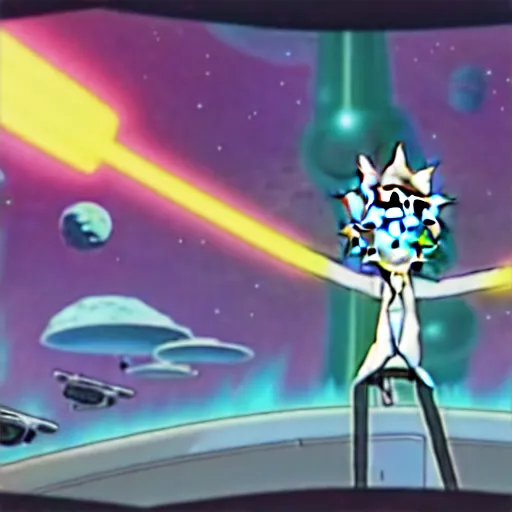 Image similar to screenshot rick and morty flying in their regular ufo in deep space, the death star explodes on background