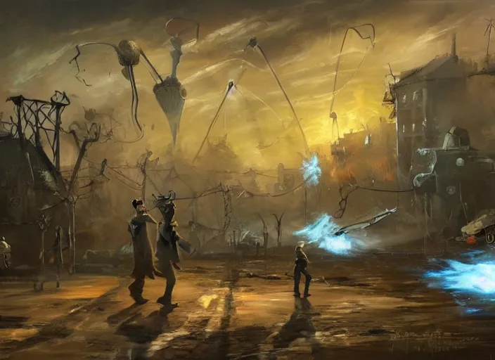 Image similar to concept art of the war of the worlds movie, oil painting by jama jurabaev, extremely detailed, brush hard, artstation, for aaa game, high quality, brush stroke