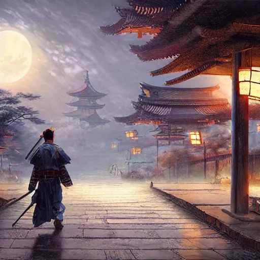 Prompt: a samurai wandering with his warrior cat through a modern japanese lost city, densely built - up, full moon, cold light, digital painting, by greg rutkowski and thomas kinkade