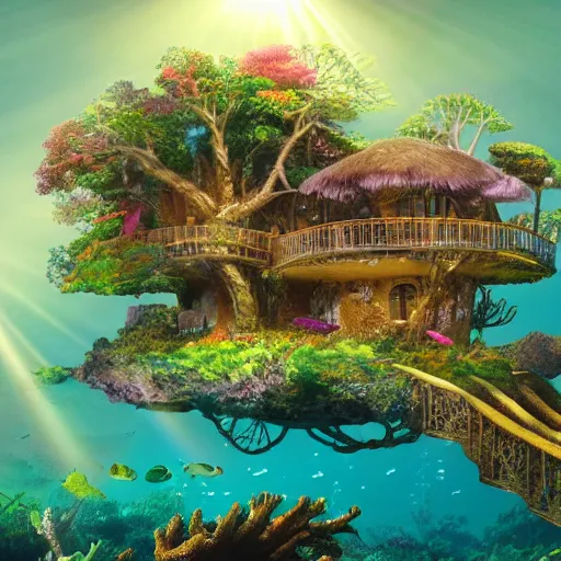 Prompt: fancy treehouse mansion built in coral underwater reef landscape with sunshine rays from above detailed luminescent magical realism 4 k painting