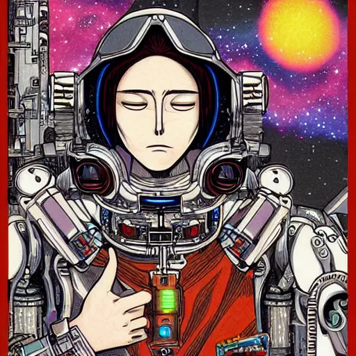 Image similar to detailed intricate color manga illustration of a renaissance Saint as an evil cyborg robot, cyberpunk, in space