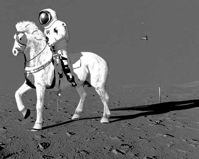 Prompt: photograph of an astronaut riding a white horse on the moon