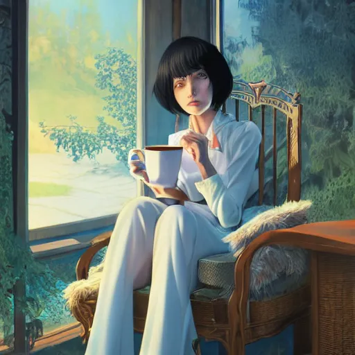 Image similar to Full body portrait of a sorceress sipping tea in her sunlit study, fantasy, digital illustration, exquisitely detailed, Ilya Kuvshinov, Hayao Miyazaki, Kazuma Kaneko