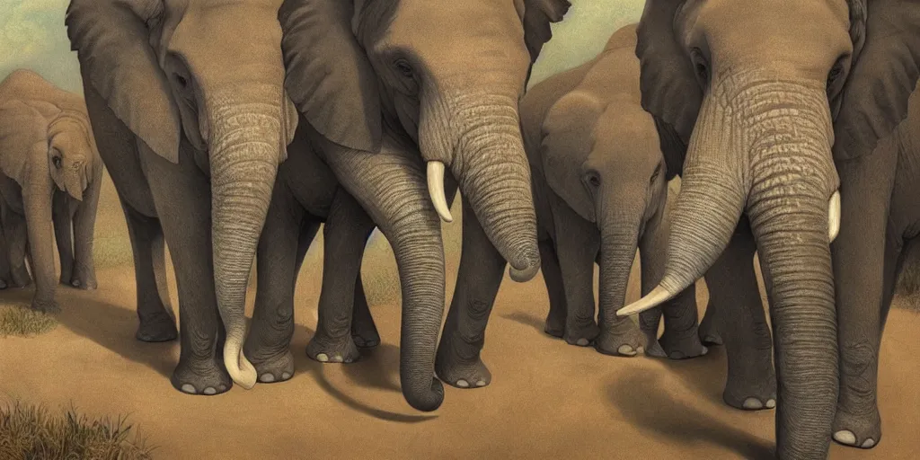 Prompt: two adult elephants comfort a baby elephant, only three elephants, rich golden hour, savannah, illustration, detailed, smooth, soft, warm, by Adolf Lachman, Shaun Tan, Surrealism