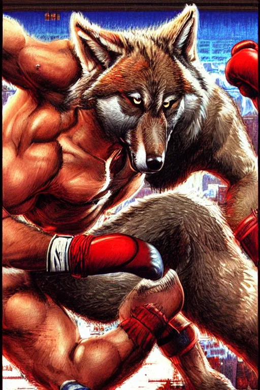 Image similar to extreme long shot. 8 bit nes graphics. antropomorphic muscular masculine wolf. kickboxer fighter, in shorts. wolf head. fine details, art from nes game cartridge, marc simonetti and hermann nitsch