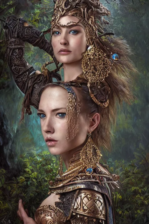 Image similar to oil painting of fantasy female warrior, symmetrical beautiful clean face, intricate jewellery, filigree armour, tribal tattoos, big earrings, shining eyes, crystals, covered in plants, standing in the mystical forest, realistic oil painting, baroque, renaissance painting, dramatic, cinematic light, trending on artstation, rule of thirds, highly detailed, 8 k