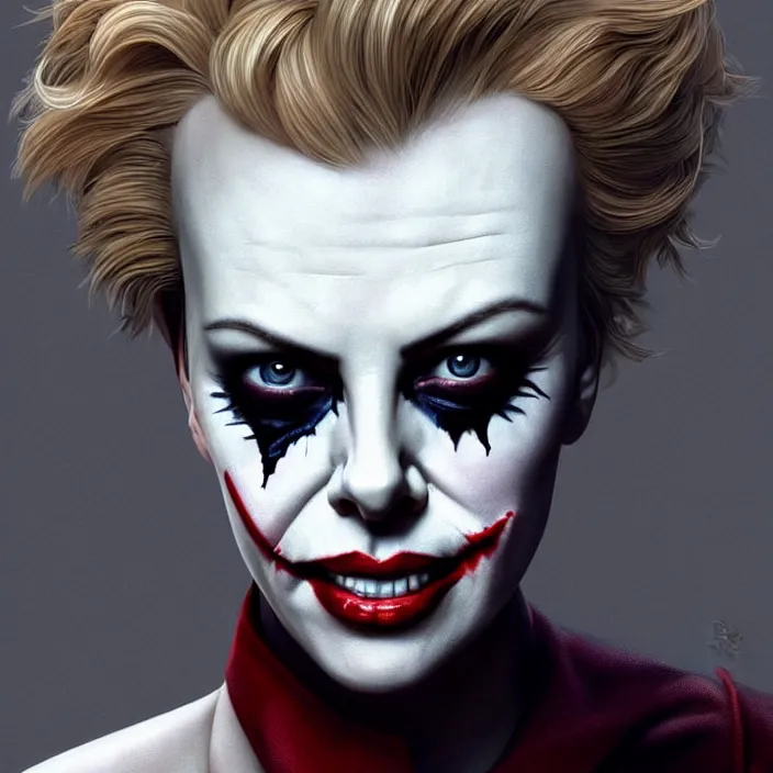 Prompt: portrait of charlize theron as a nurse joker. intricate abstract. intricate artwork. by tooth wu, wlop, beeple, dan mumford. octane render, trending on artstation, greg rutkowski very coherent symmetrical artwork. cinematic, hyper realism, high detail, octane render, 8 k, iridescent accents