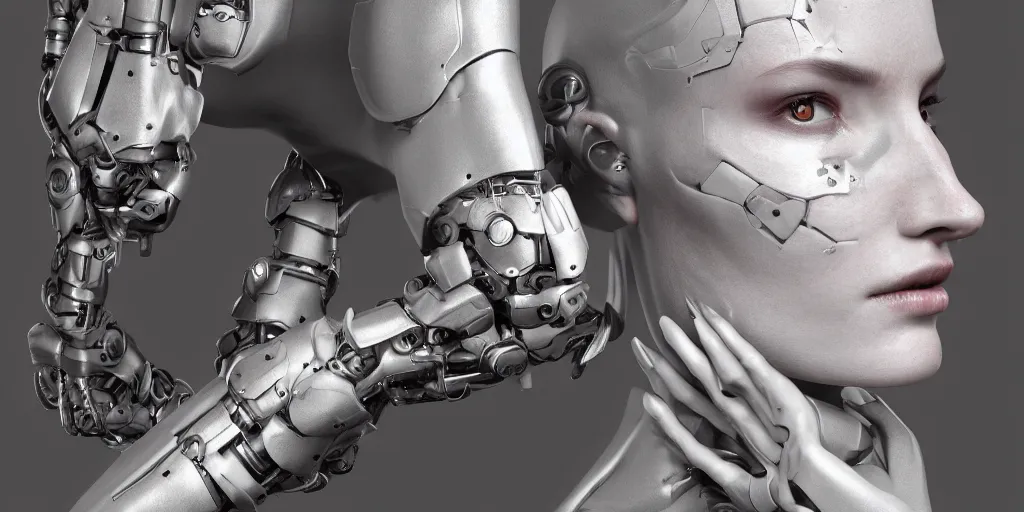 Prompt: photorealistic gorgeous symmetrical female cyborg, holding intimately, holding hands, highly detailed, arms, back, intricate, in the style of westworld, beth cavener, jin kagetsu, wlop, masterpiece, concept art, high key lighting, ambient lighting, octane render, 8 k, artstation