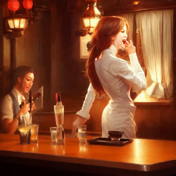 Image similar to a waitress singing on a table in a bar, elegant, real life skin, intricate artwork, high detailed, artstation, concept art, smooth, sharp focus, art by artgerm and greg rutkowski