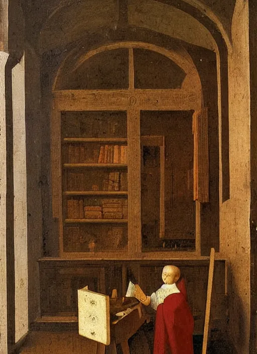 Image similar to bookshelf with books and children toys, medieval painting by jan van eyck, johannes vermeer, florence