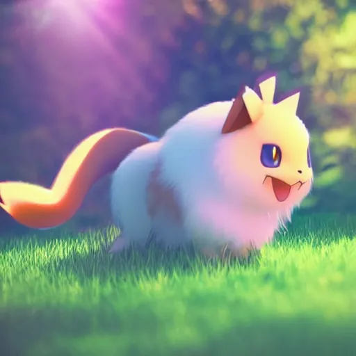 Image similar to real life Pokemon, cute!!!, fluffy!!!, adorable!!!, ultra realistic!!!, golden hour, sharp focus, volumetric lighting