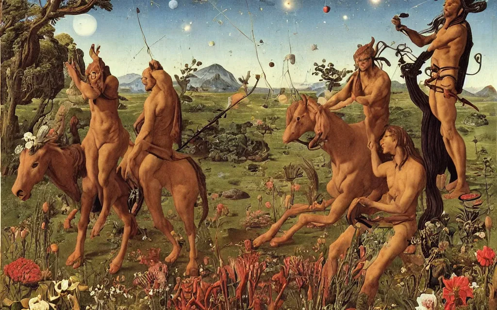 Image similar to a portrait photograph of a meditating satyr and a centaur monk riding a rocket machine and hunting at a river delta. surrounded by bulbous flowers and trees. mountain range under a blue sky of fiery stars. by jan van eyck, max ernst, ernst haeckel, ernst fuchs and artgerm, cgsociety, fashion editorial, 8 k