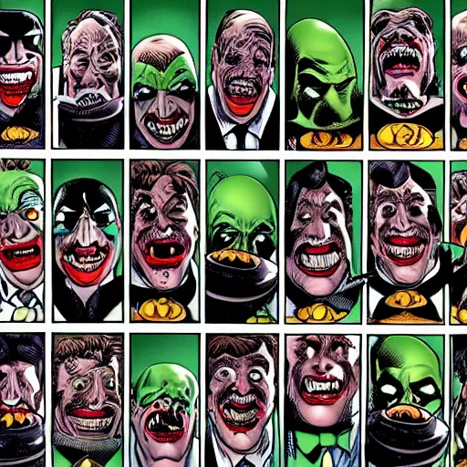 Image similar to drawing of 1 4 tiny jokers crawling out the mouth of gotham city's finest investigative reporter, 4 k art by brian bolland, graphic novel art