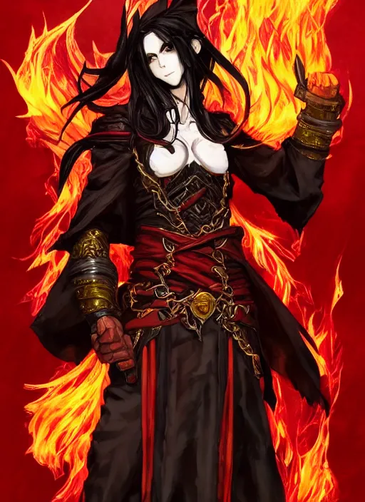 Image similar to Half body portrait of a handsome elf fire mage with long black hair wearing ornate scarlet robe, crazy grin, flame, anarchy. In style of Yoji Shinkawa and Hyung-tae Kim, trending on ArtStation, dark fantasy, great composition, concept art, highly detailed, dynamic pose.