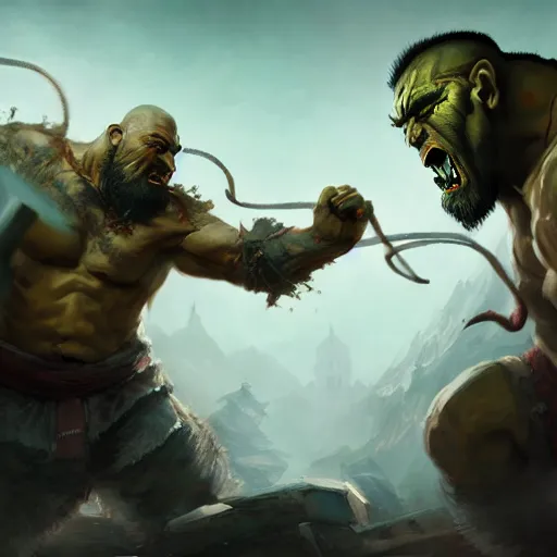 Image similar to monk fighting an orc, martial arts, 8k, sharp high quality artwork in style of Jose Daniel Cabrera Pena and Greg Rutkowski, concept art by Tooth Wu, blizzard warcraft artwork