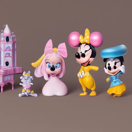 Image similar to product photograph of cute disney figurines by magideal, octane render, hyper realistic, cute, kawaii, toys, plastic, vinyl, 8 k, white background,