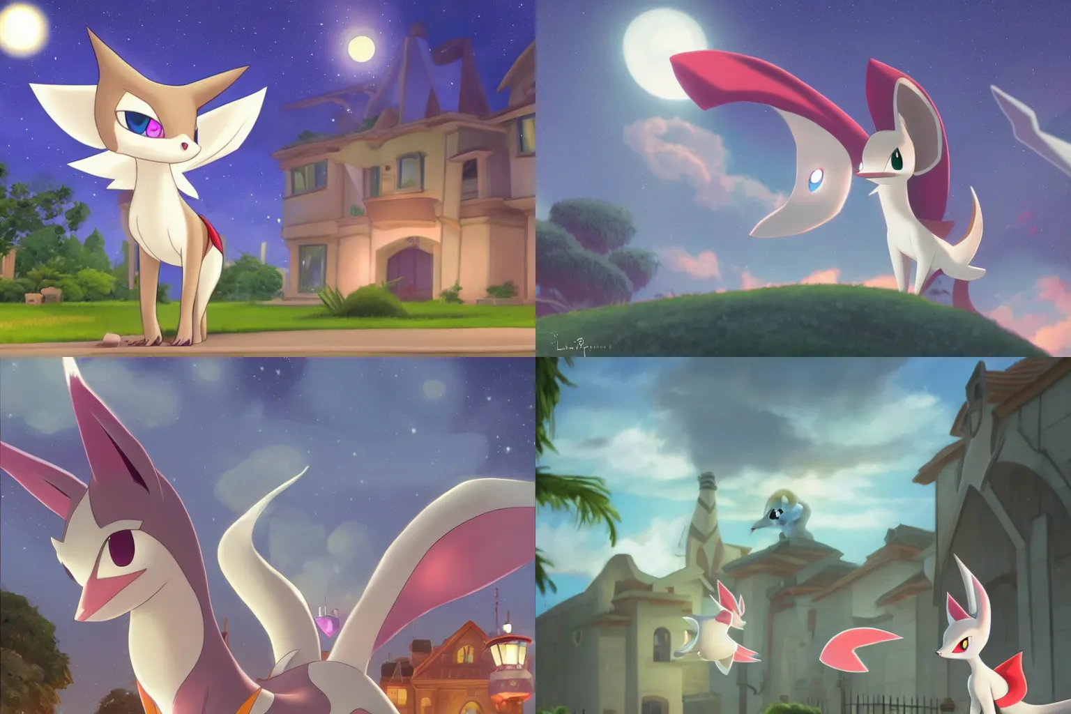 Prompt: nighttime shot of cresselia the red latias from pokemon in the style of zootopia, floating in front of house looking at camera high resolution pixar