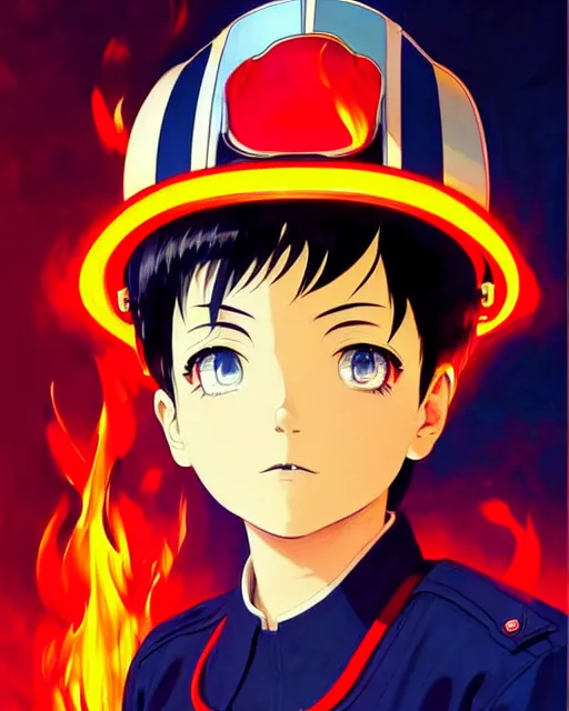 Image similar to fireman, fire helmet, flames background | | very very anime!!!, fine - face, audrey plaza, realistic shaded perfect face, fine details. anime. realistic shaded lighting poster by ilya kuvshinov katsuhiro otomo ghost - in - the - shell, magali villeneuve, artgerm, jeremy lipkin and michael garmash and rob rey