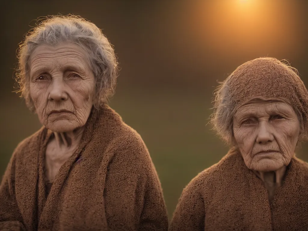 Image similar to medium shot portrait bust of old woman sitting on fence, tired expression, faded color film, russian cinema, tarkovsky, technicolor, heavy forest, wood cabin in distance, shallow depth of field, long brown hair, old clothing, heavy fog, brown color palette, sunset, low light, hudson river school, 4 k, dramatic lighting