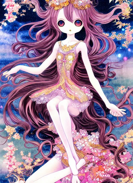 Image similar to exquisite imaginative manga poster of a fairy lady, long wavy hair, rococo dress, shimmering, by ayami kojima, shigenori soejima, minaba hideo,, jump comics, shogakukan, illustration, artstation, highly detailed, 8 k, fluorescent, maximalist