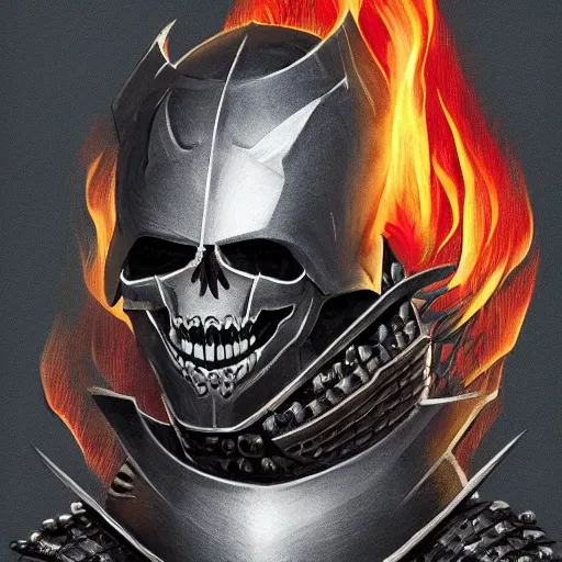 Image similar to armored knight, skull helmet with flaming eyes, pulpy fantasy illustration