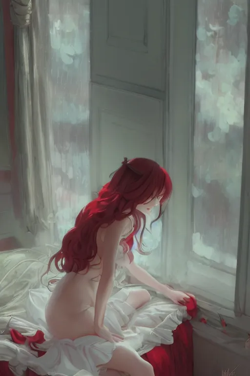 Prompt: a girl in a maid's outfit in the bedroom a night, raining outside the window, red theme, wavy white long hair, by krenz cushart and mucha and akihito yoshida and greg rutkowski and makoto shinkai, 4 k resolution