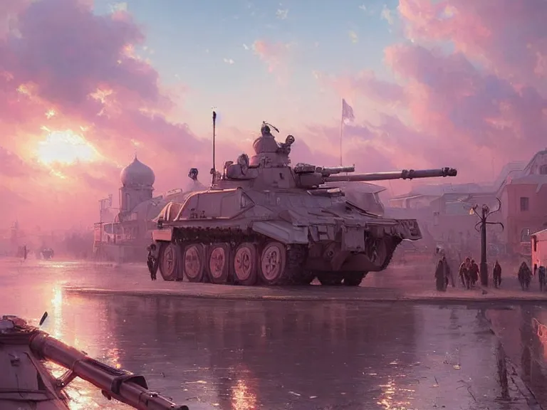 Image similar to city of syzran!!!, militaristic!!!, romantic!!!, hyperrealistic, highly detailed, cinematic, pink sunlight!, beautiful, cgssociety, artstation, 8 k, oil painting by greg rutkowski, by artgerm, by wlop