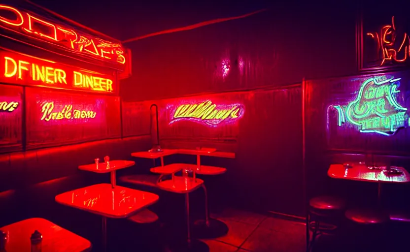 Image similar to diner, horror scene, dim neon lighting, beautiful volumetric-lighting-style atmosphere, eerie atmosphere, intricate, detailed, photorealistic imagery, artstation