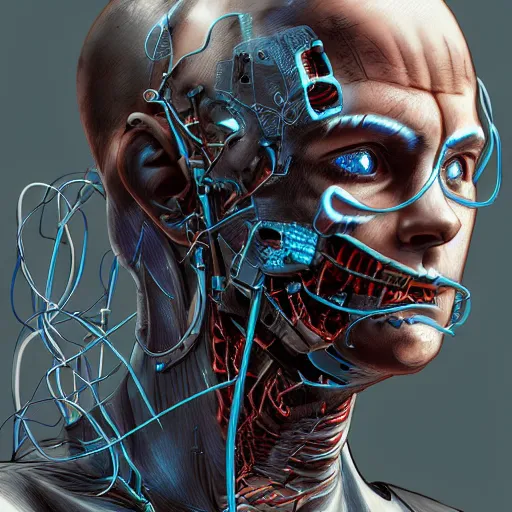 Prompt: Male cyborg, battle-damaged, scarred, wearing facemask, youthful face, bored expression, blue eyes, sterile background, head in profile, sci-fi, wires, cables, gadgets, Digital art, detailed, anime, artist Katsuhiro Otomo