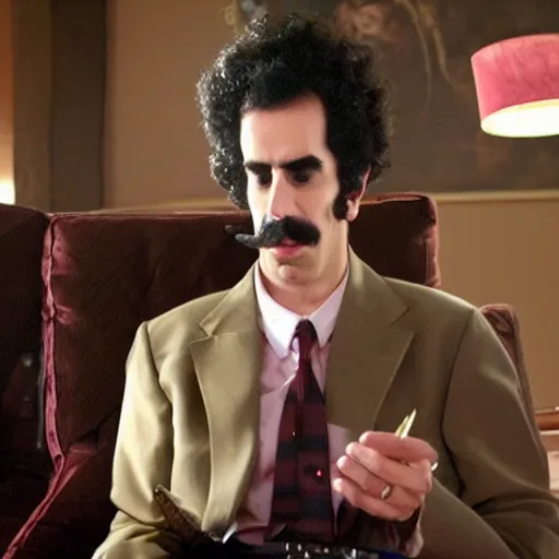 Image similar to Sacha Baron Cohen as borat smoking a giant rolled cannabis cigarette, smoke, 8k, hyper-detailed, cinematic